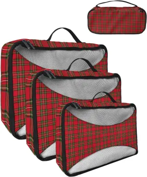 Merry Christmas Red Green Buffalo Checked 4 Set Packing Cubes, Winter Line Stripe Retro Packing Cubes for Carry on Suitcase Travel Essential Bag for Clothes Shoes Cosmetics Toiletry