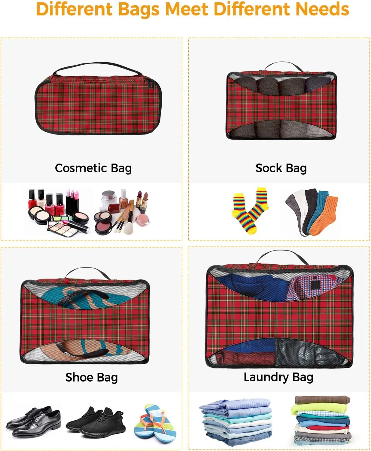 Merry Christmas Red Green Buffalo Checked 4 Set Packing Cubes, Winter Line Stripe Retro Packing Cubes for Carry on Suitcase Travel Essential Bag for Clothes Shoes Cosmetics Toiletry