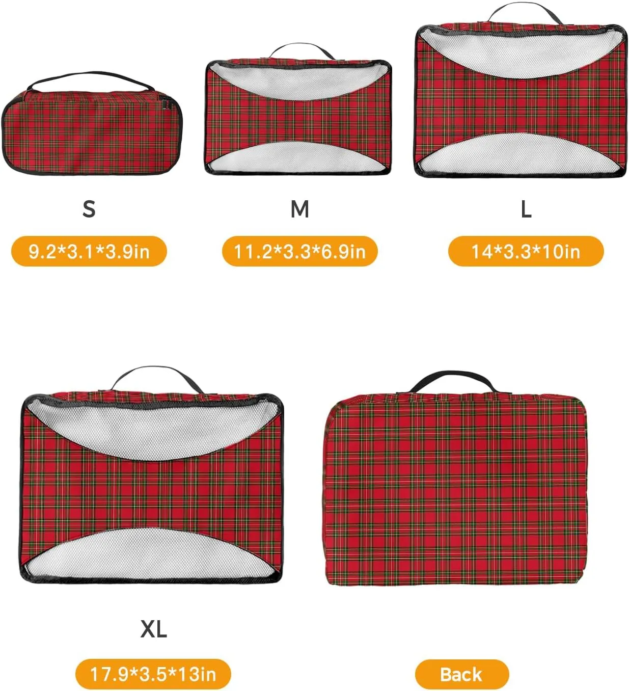 Merry Christmas Red Green Buffalo Checked 4 Set Packing Cubes, Winter Line Stripe Retro Packing Cubes for Carry on Suitcase Travel Essential Bag for Clothes Shoes Cosmetics Toiletry