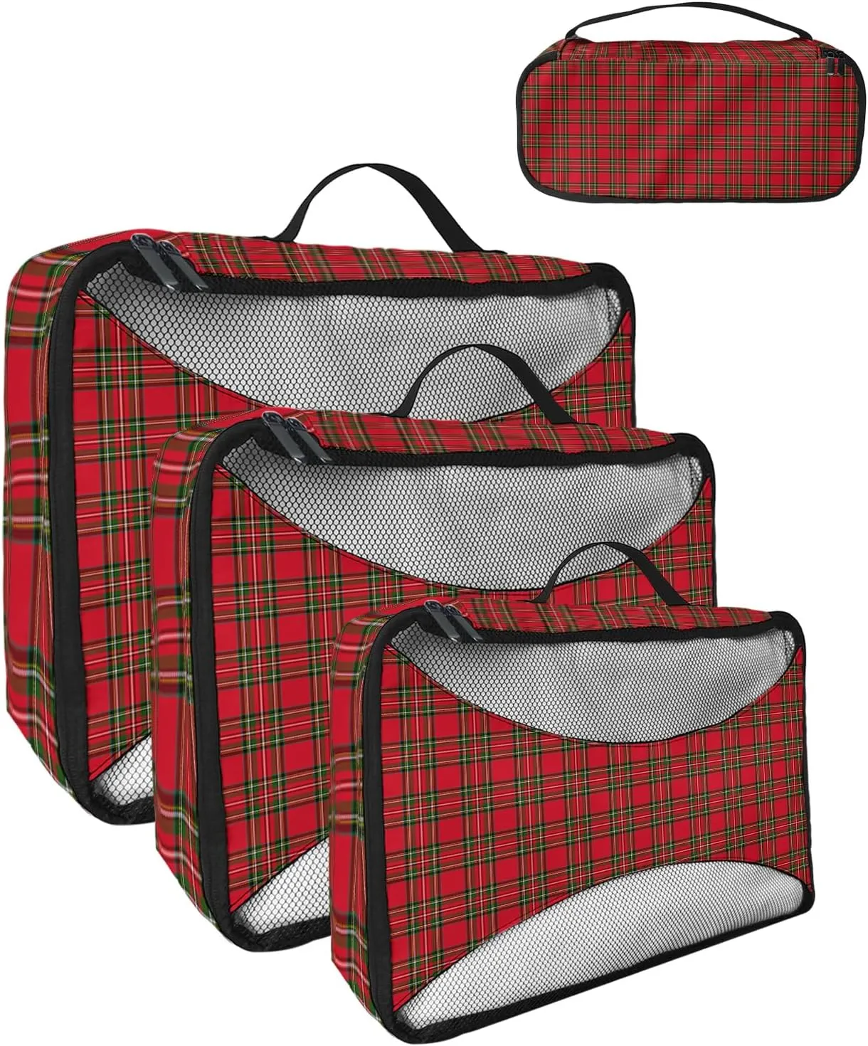 Merry Christmas Red Green Buffalo Checked 4 Set Packing Cubes, Winter Line Stripe Retro Packing Cubes for Carry on Suitcase Travel Essential Bag for Clothes Shoes Cosmetics Toiletry