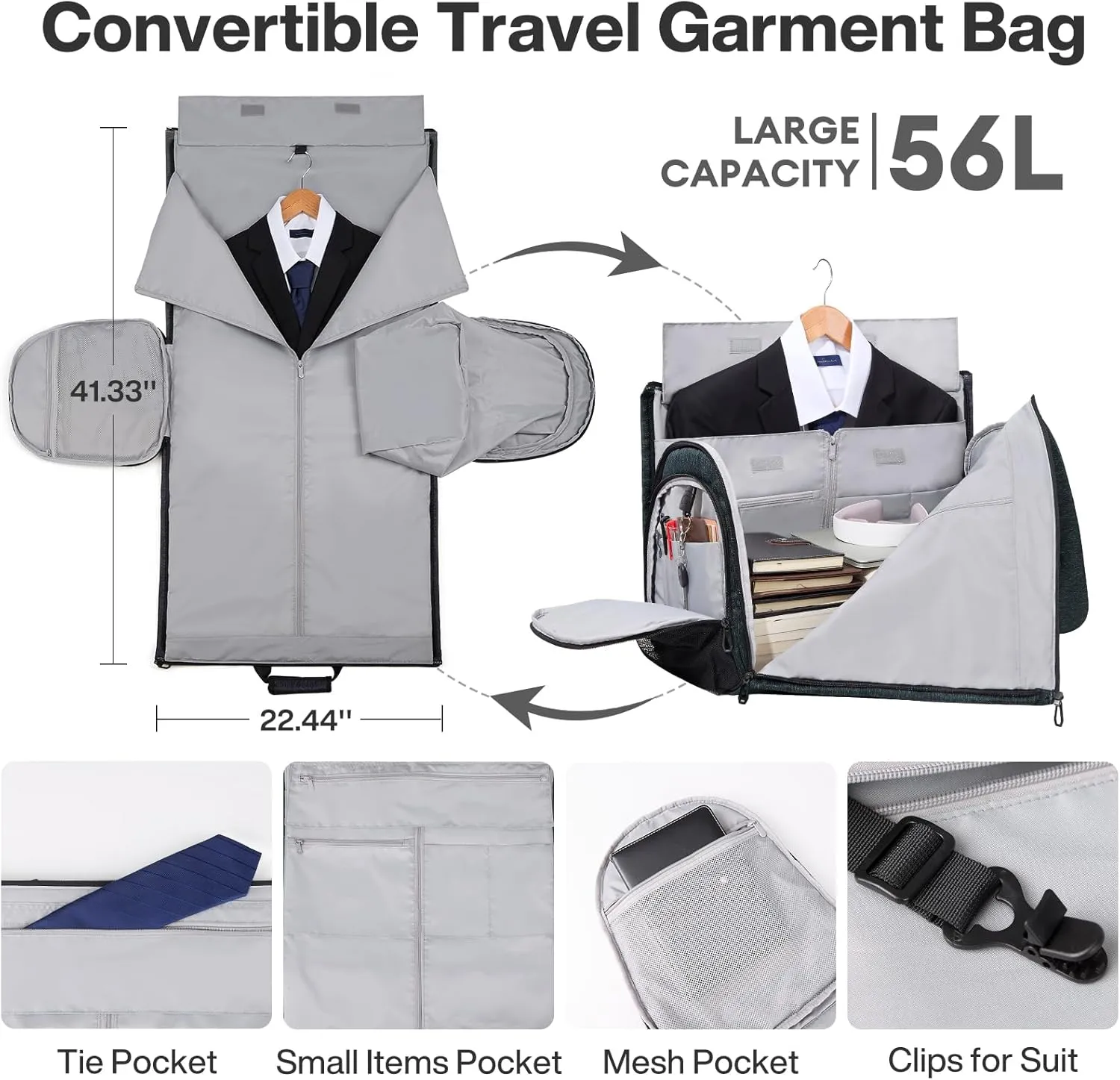 mixi Carry On Garment Bag for Travel 56L Convertible Duffle Bag for Men Women 2 in 1 Hanging Luggage Suitcase Dress Suit Travel Bag with Shoes Pouch, Forest Black
