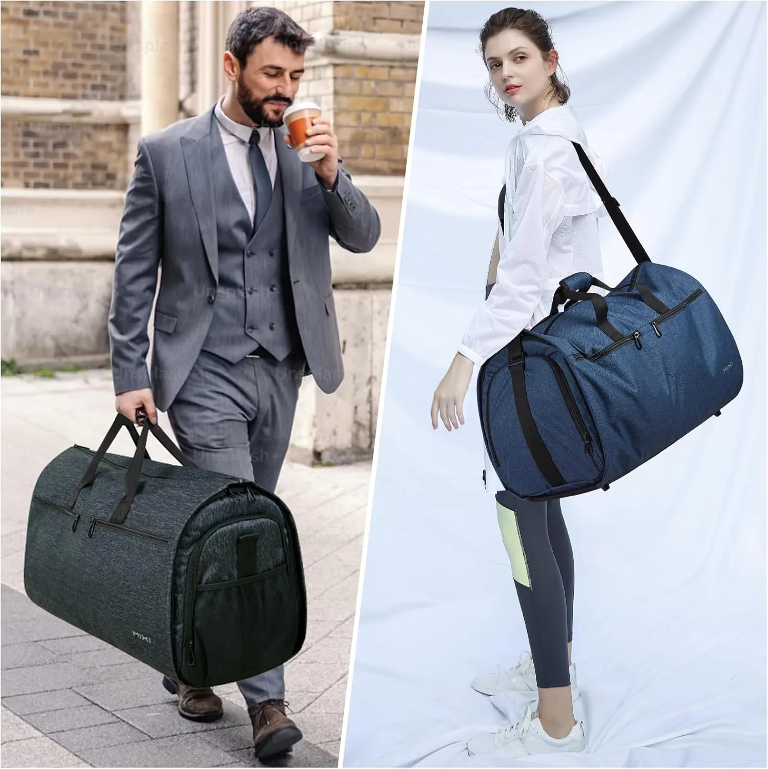 mixi Carry On Garment Bag for Travel 56L Convertible Duffle Bag for Men Women 2 in 1 Hanging Luggage Suitcase Dress Suit Travel Bag with Shoes Pouch, Forest Black