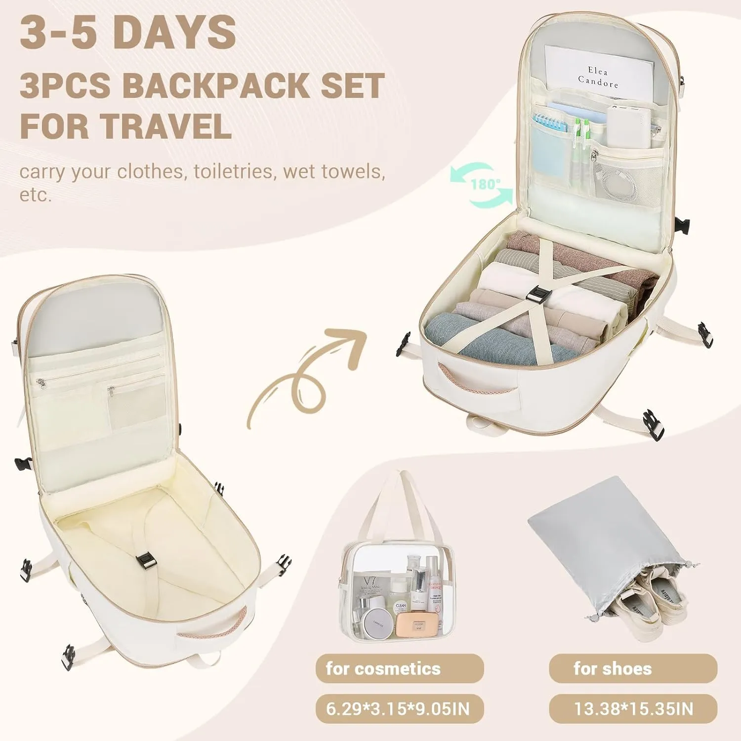 MOONBABY Travel Backpack for Women Men Carry On Flight Approved 3pcs Set Personal Item Travel Bag With Luggage Strap