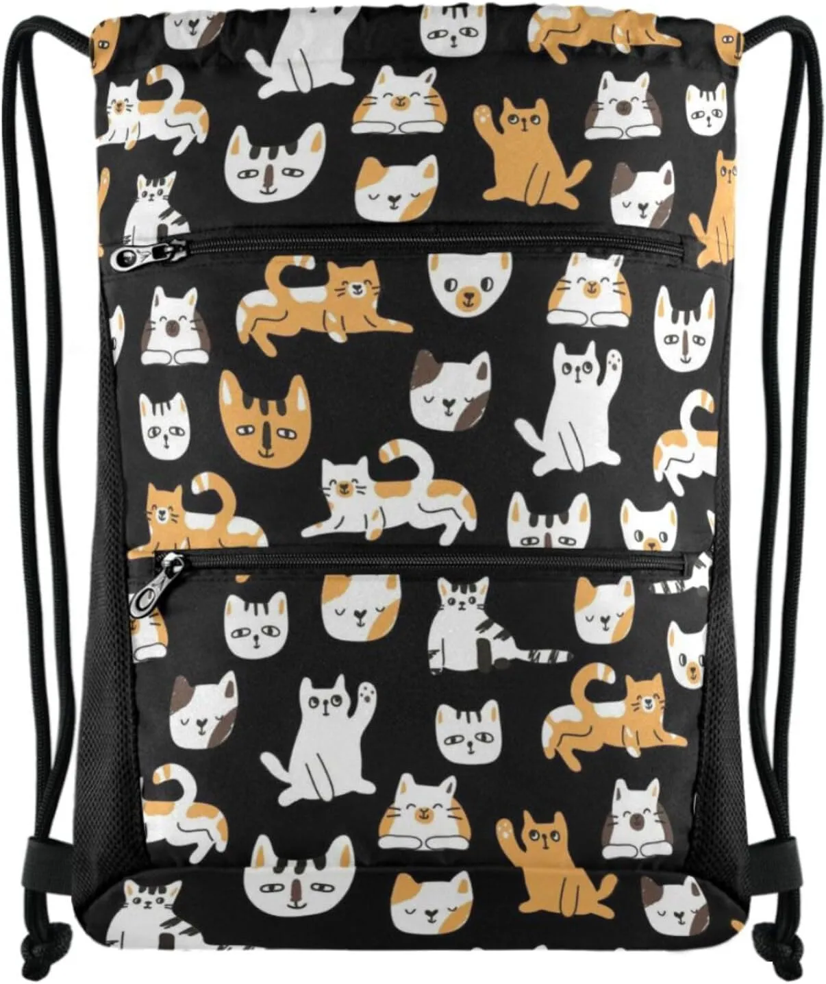 Naanle Nannle Large Sackpack, Lovely Cats Black Floral Drawstring Backpack String Storage Bag with Two Zipper Pockets for Travel Pool Sport Gym Swimming Beach Camping, TTg353745811p474c509s1019