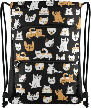 Naanle Nannle Large Sackpack, Lovely Cats Black Floral Drawstring Backpack String Storage Bag with Two Zipper Pockets for Travel Pool Sport Gym Swimming Beach Camping, TTg353745811p474c509s1019