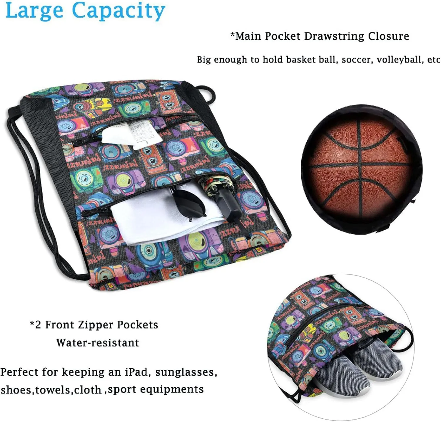 Nannle Large Trendy Colors Camera Floral Drawstring Sackpack,String Storage Bag with Pockets for Travel Gym Swimming Beach Camping