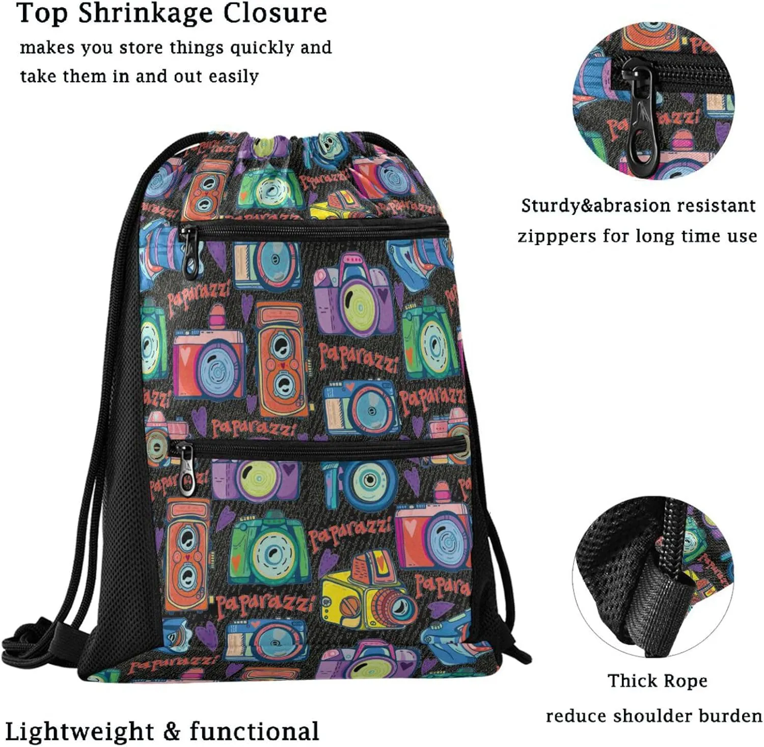 Nannle Large Trendy Colors Camera Floral Drawstring Sackpack,String Storage Bag with Pockets for Travel Gym Swimming Beach Camping