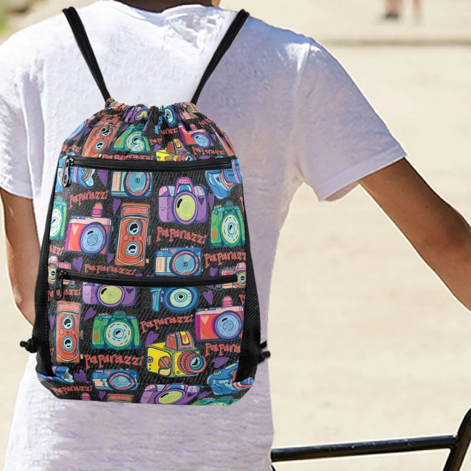 Nannle Large Trendy Colors Camera Floral Drawstring Sackpack,String Storage Bag with Pockets for Travel Gym Swimming Beach Camping