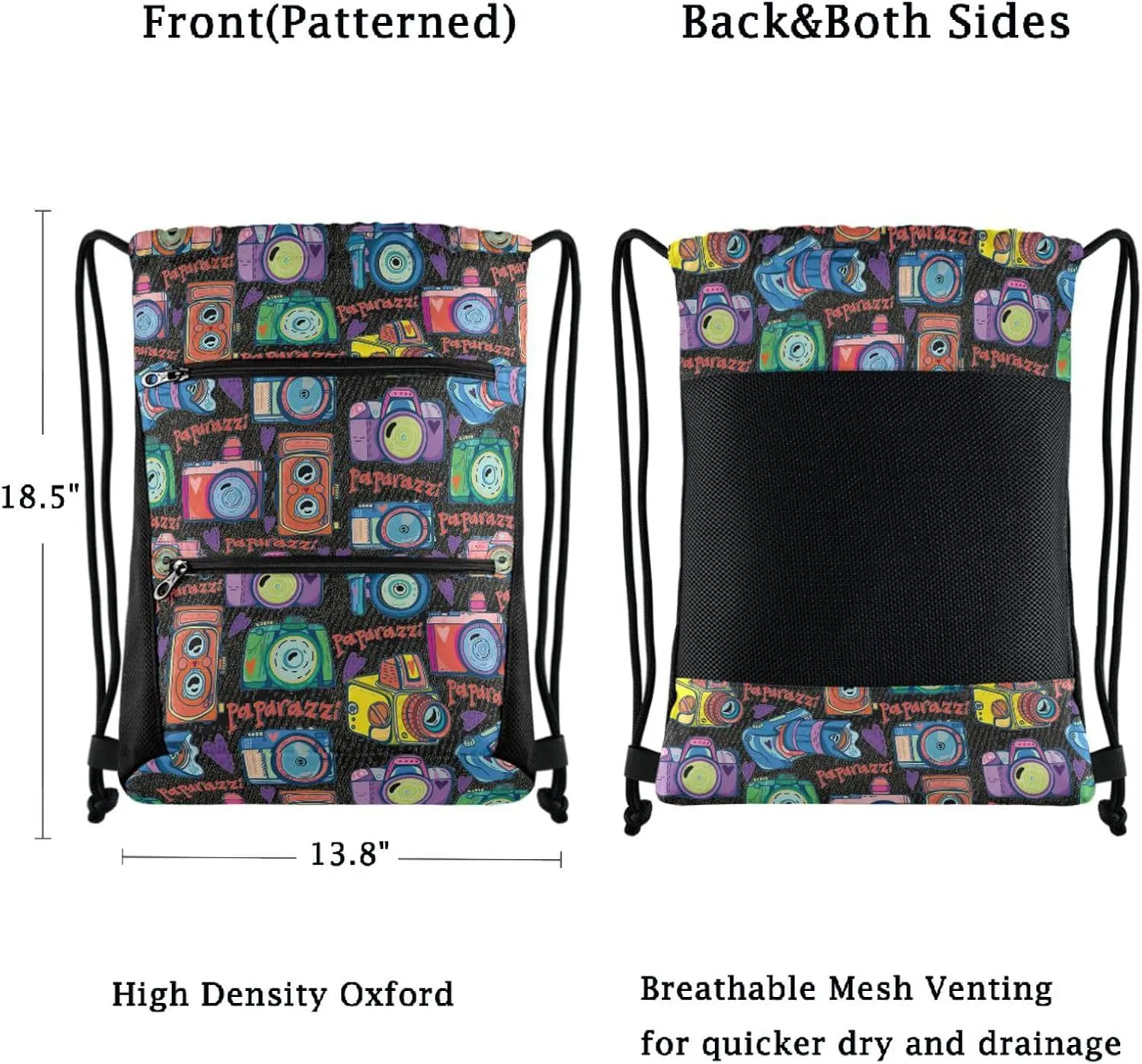Nannle Large Trendy Colors Camera Floral Drawstring Sackpack,String Storage Bag with Pockets for Travel Gym Swimming Beach Camping
