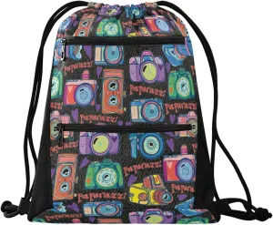 Nannle Large Trendy Colors Camera Floral Drawstring Sackpack,String Storage Bag with Pockets for Travel Gym Swimming Beach Camping