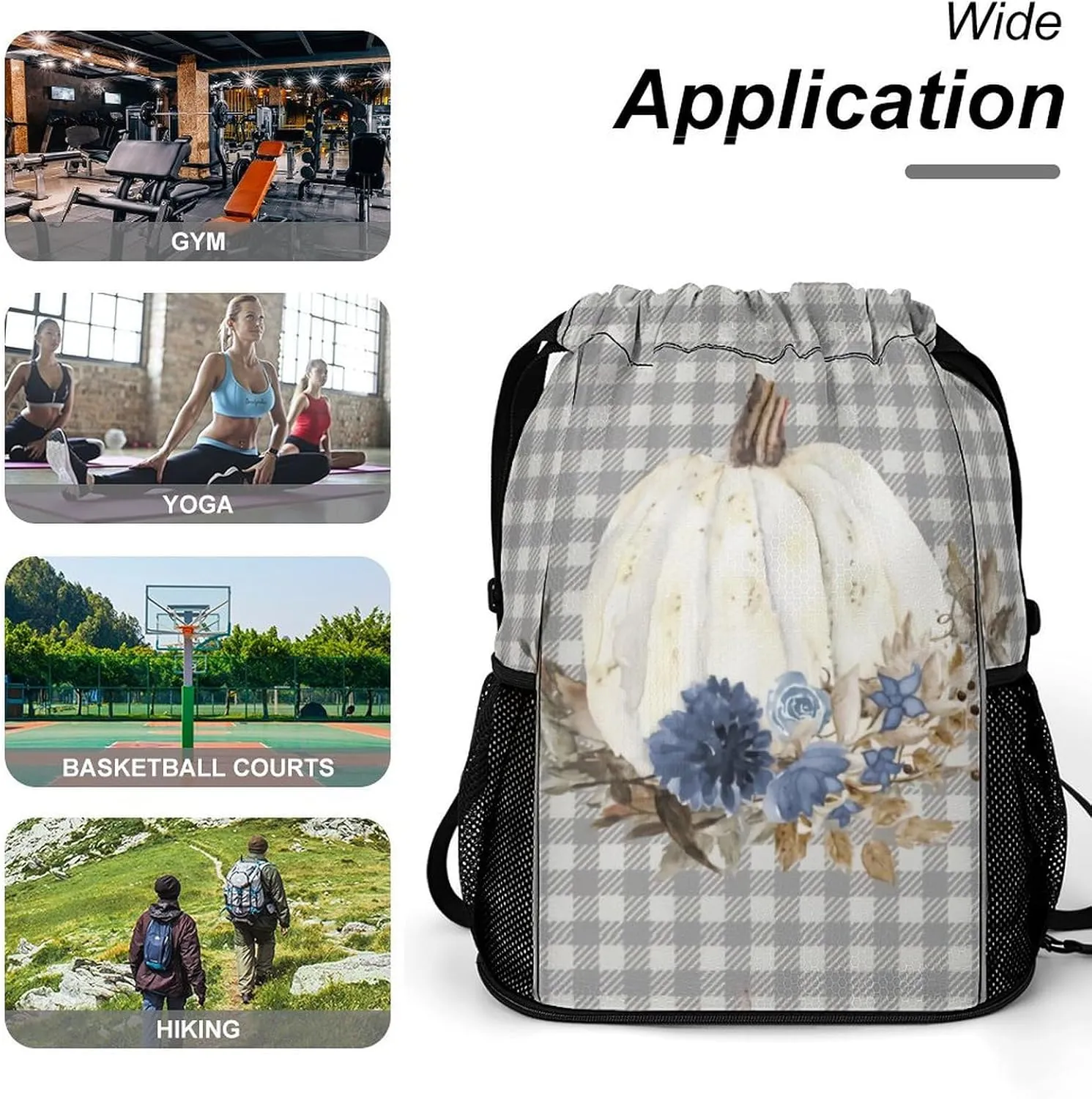 Navy Blue Floral Buffalo Plaid Sports Backpack with Large Mouth Design And Dry Wet Separation for Unisex