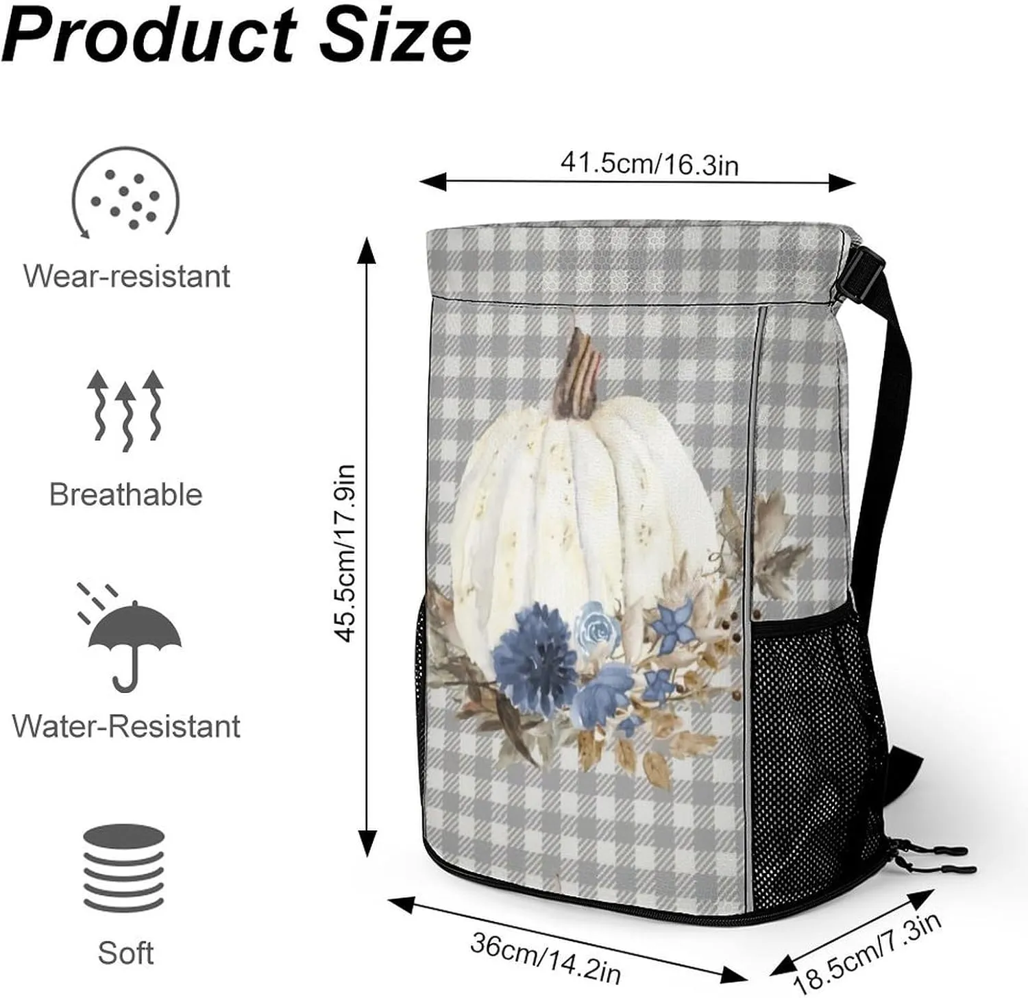 Navy Blue Floral Buffalo Plaid Sports Backpack with Large Mouth Design And Dry Wet Separation for Unisex