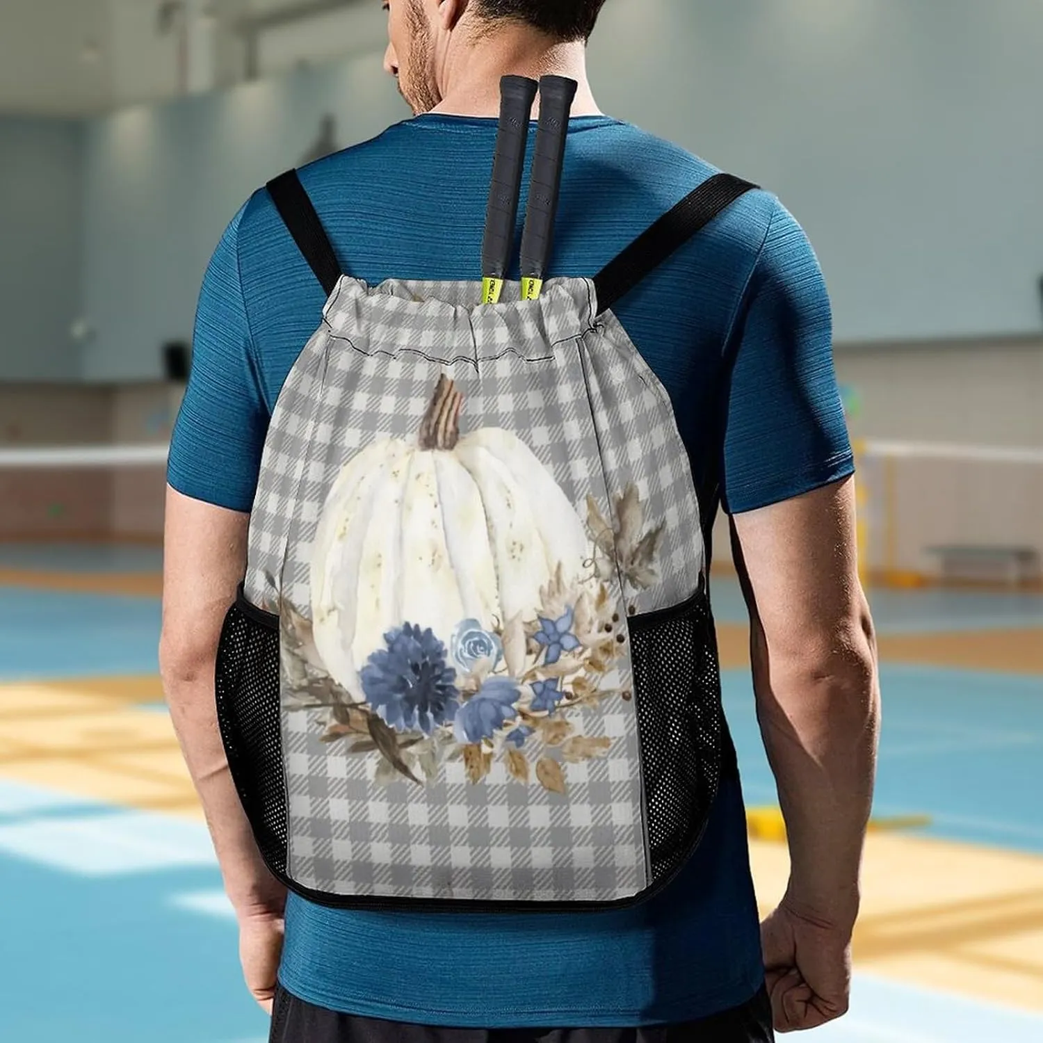 Navy Blue Floral Buffalo Plaid Sports Backpack with Large Mouth Design And Dry Wet Separation for Unisex