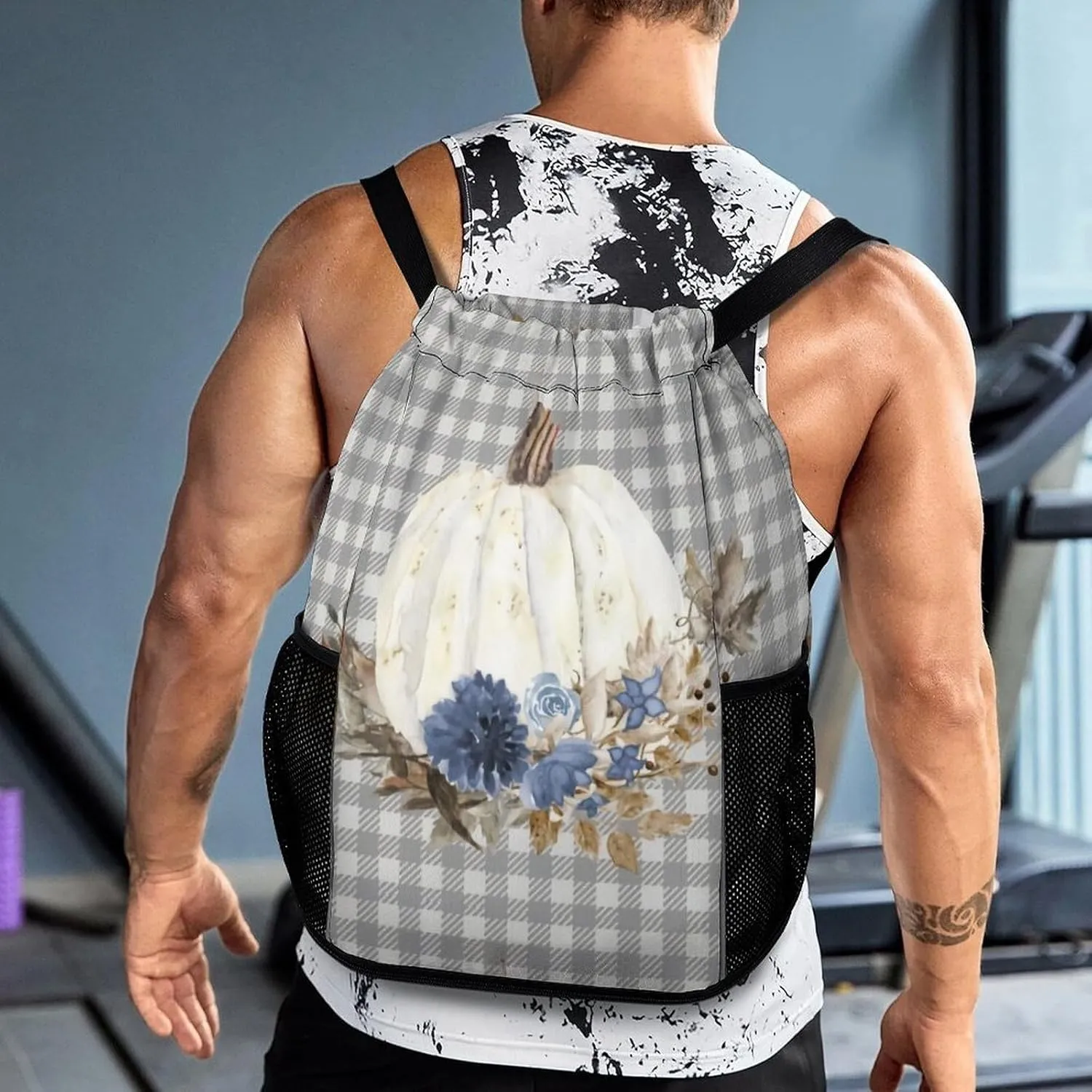 Navy Blue Floral Buffalo Plaid Sports Backpack with Large Mouth Design And Dry Wet Separation for Unisex