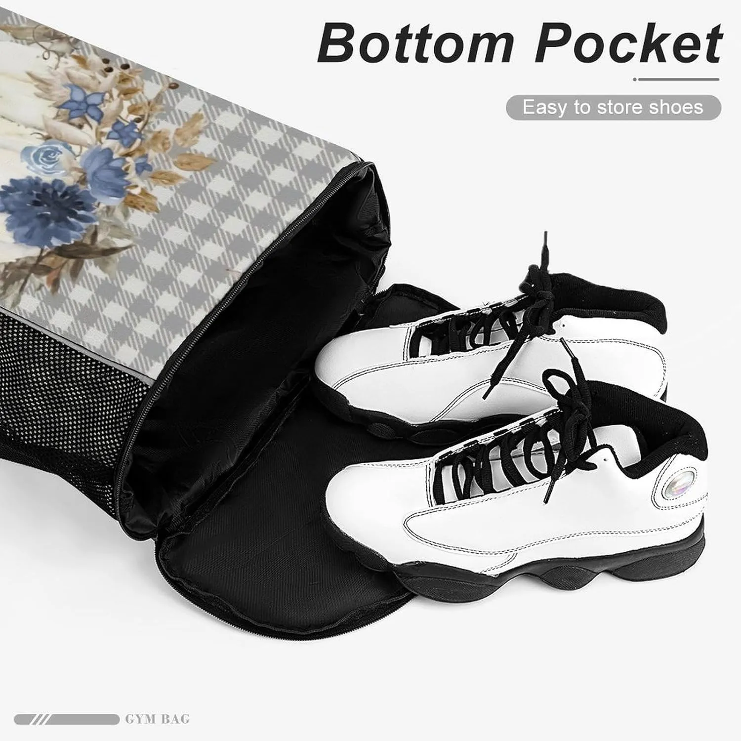 Navy Blue Floral Buffalo Plaid Sports Backpack with Large Mouth Design And Dry Wet Separation for Unisex