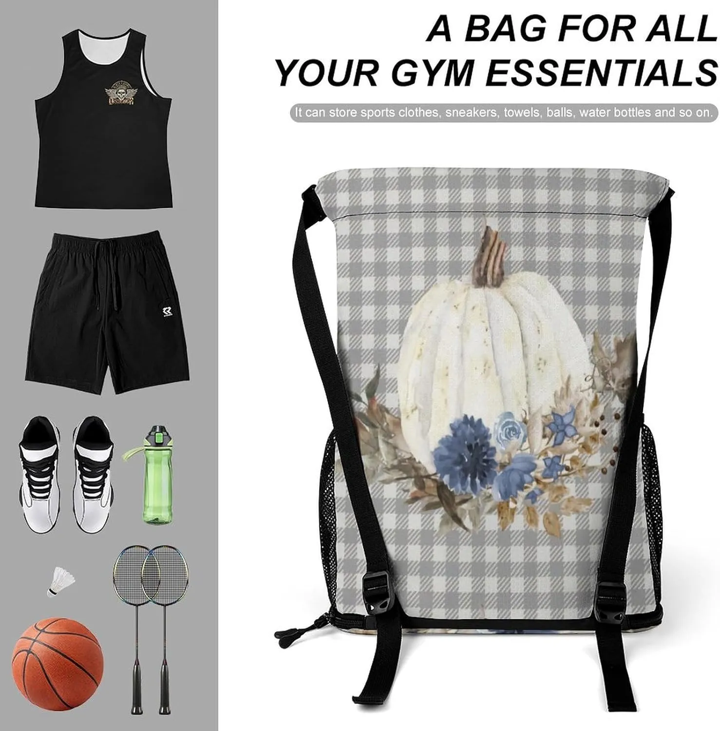 Navy Blue Floral Buffalo Plaid Sports Backpack with Large Mouth Design And Dry Wet Separation for Unisex
