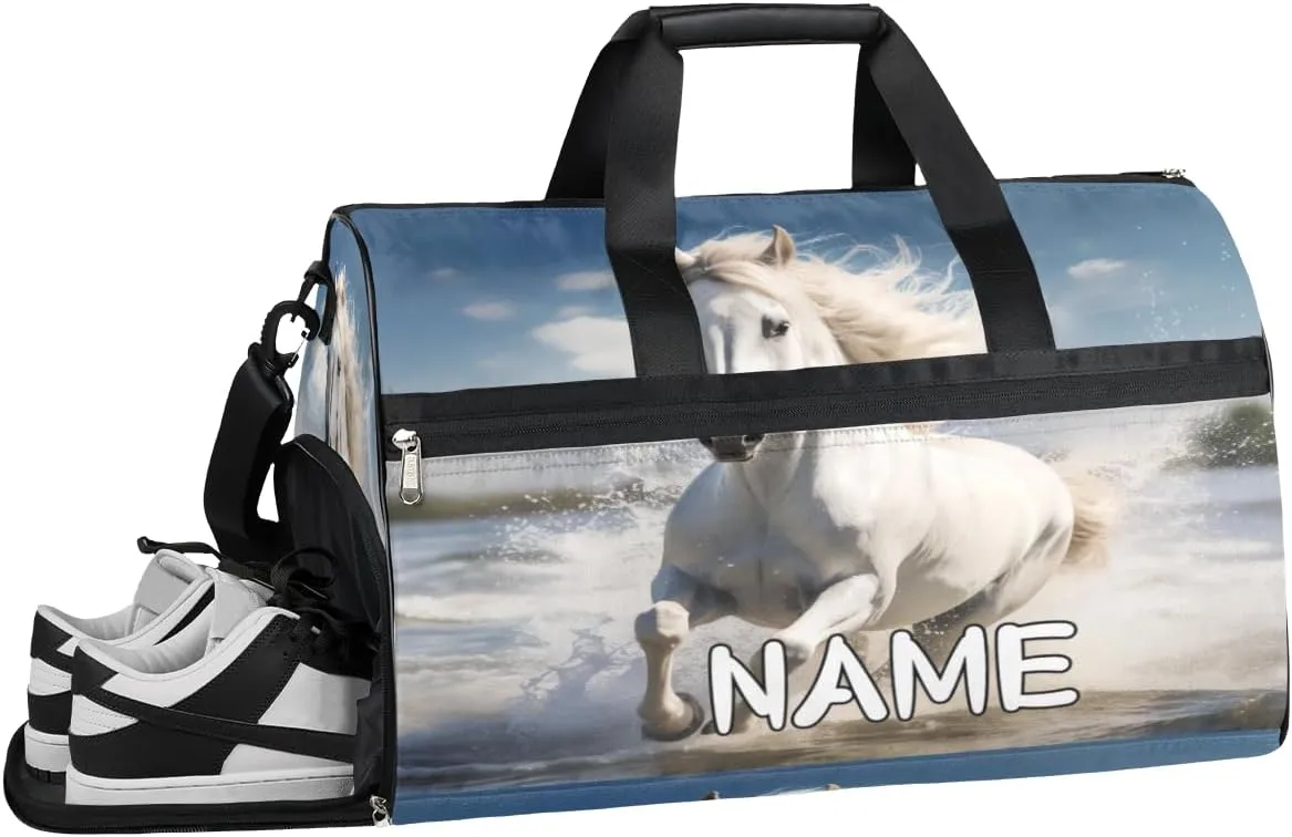 Ocean Horse Beach Sports Gym Bag with Wet Pocket & Shoes Compartment Travel Duffel Bag for Women Men Custom Sports Gym Bag Personalized Overnight Stay Weekend Tote Beach Luggage