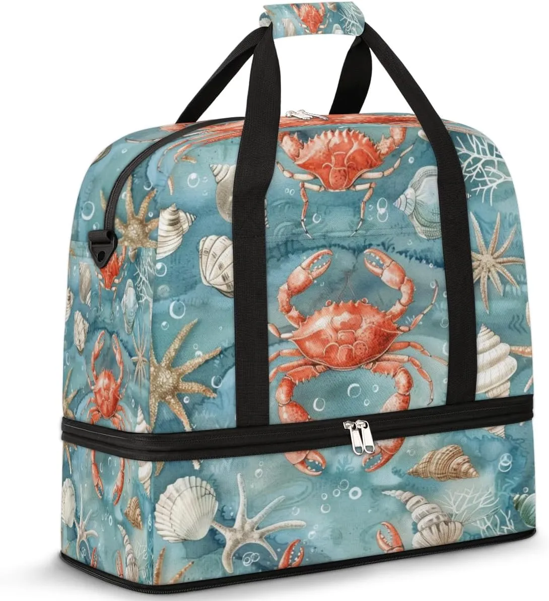 Ocean Shells Starfish Travel Duffel Bag for Women Men, Ocean Crab Animal Sports Gym Bag with Shoes Compartment Foldable Overnight Bag Weekender Tote Workout Carry On Luggage Bag