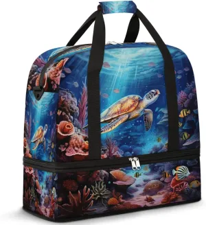 Ocean Turtle Travel Duffel Bag for Women Men, Marine Tropical Fish Sports Gym Bag with Shoes Compartment Foldable Overnight Bag Weekender Tote Workout Carry On Luggage Bag