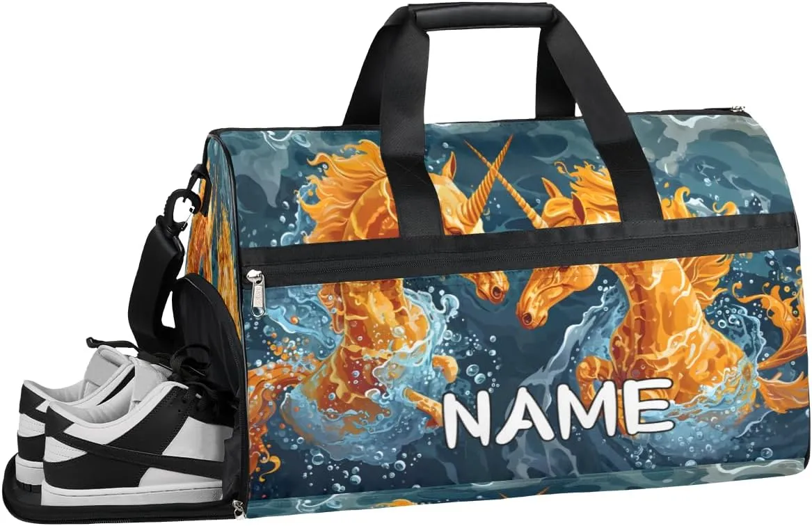 Ocean Unicorn Animals Sports Gym Bag with Wet Pocket & Shoes Compartment Travel Duffel Bag for Women Men Custom Sports Gym Bag Personalized Overnight Stay Weekend Tote Beach Luggage