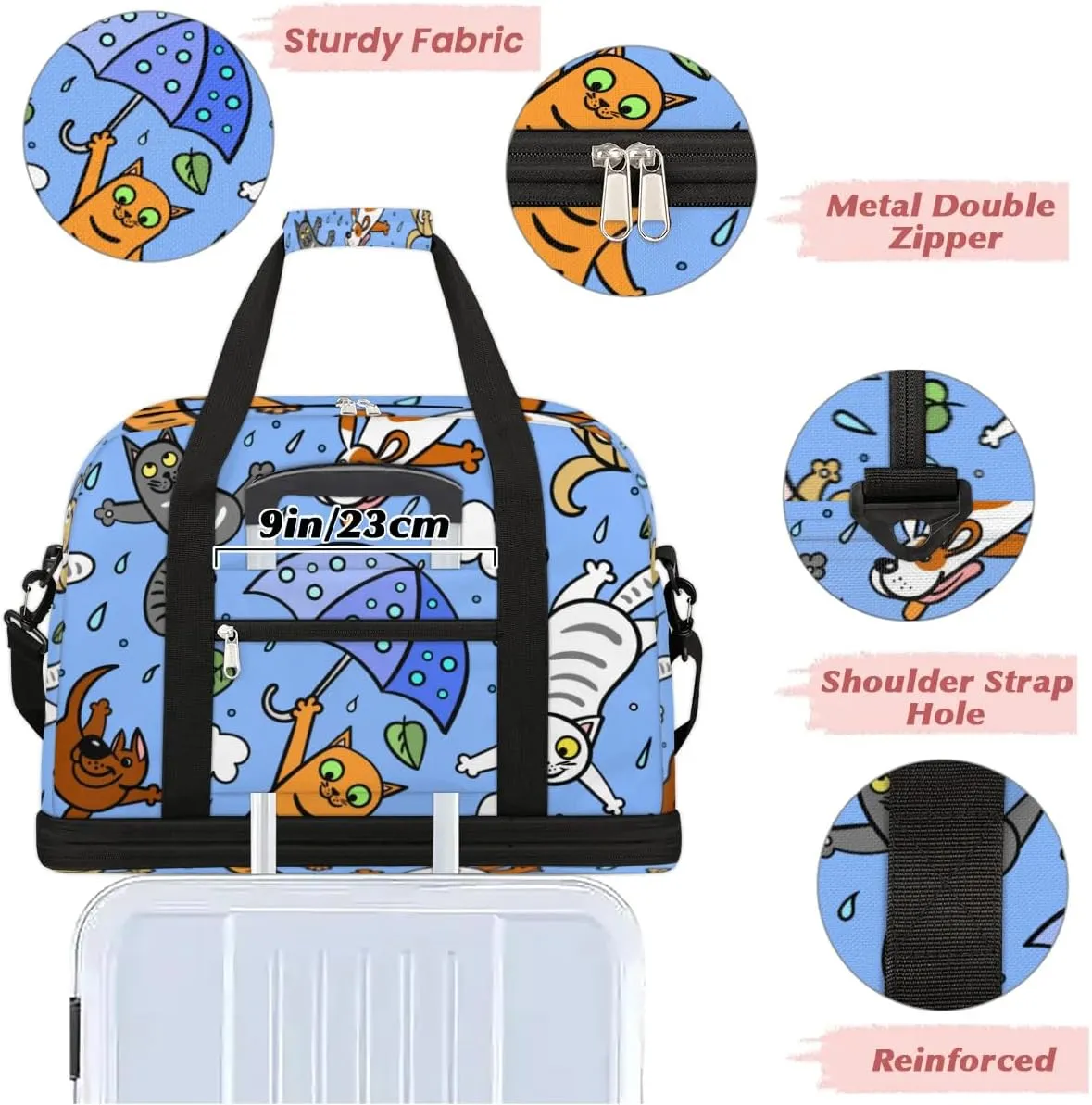 Parachute Cat Sports Gym Bag with Shoes Compartment Foldable Travel Duffel Bag Dry Wet Separated Sports Tote Workout Weekender Overnight Bag for Women Yoga Dance Work Training Handbag