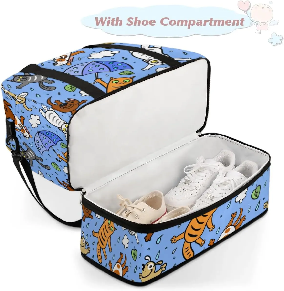 Parachute Cat Sports Gym Bag with Shoes Compartment Foldable Travel Duffel Bag Dry Wet Separated Sports Tote Workout Weekender Overnight Bag for Women Yoga Dance Work Training Handbag