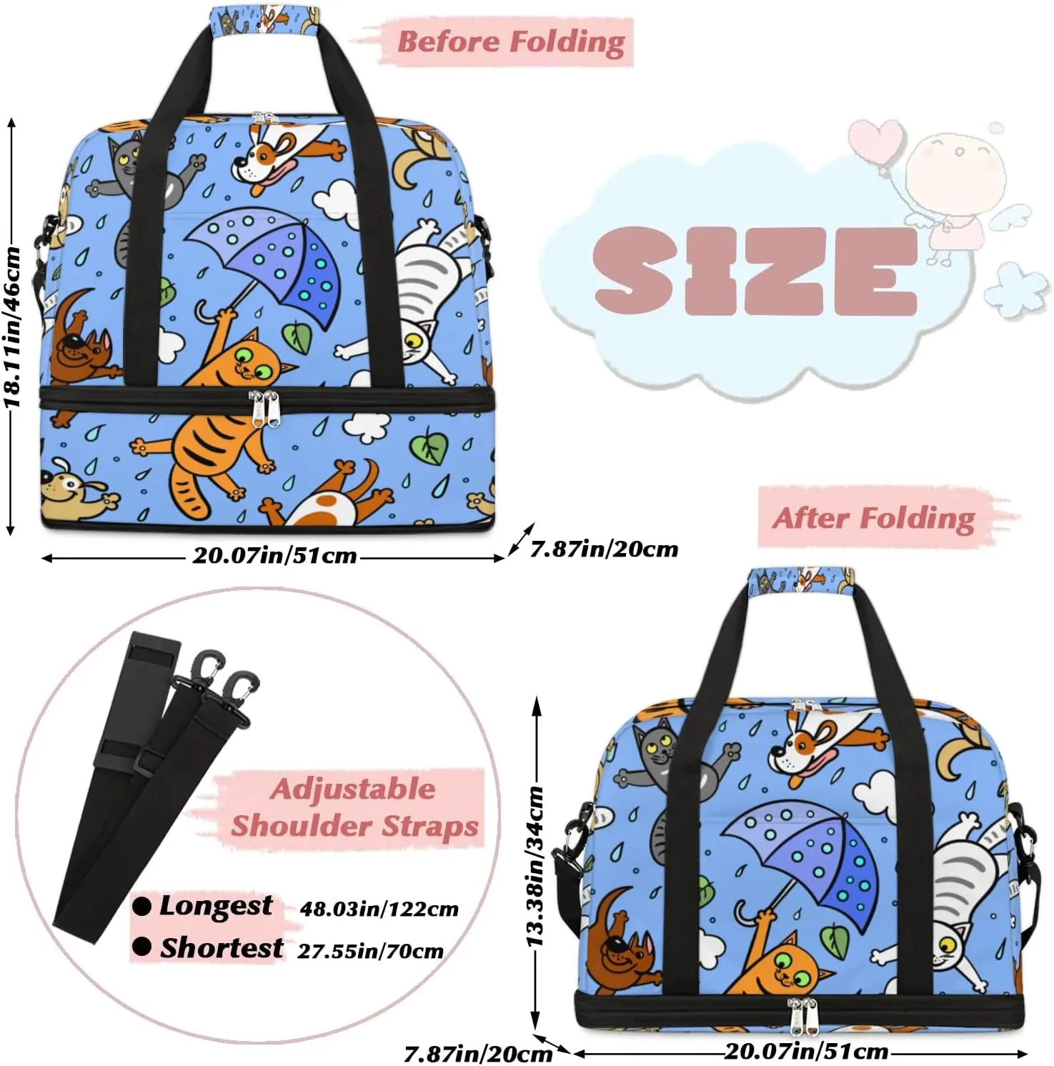 Parachute Cat Sports Gym Bag with Shoes Compartment Foldable Travel Duffel Bag Dry Wet Separated Sports Tote Workout Weekender Overnight Bag for Women Yoga Dance Work Training Handbag