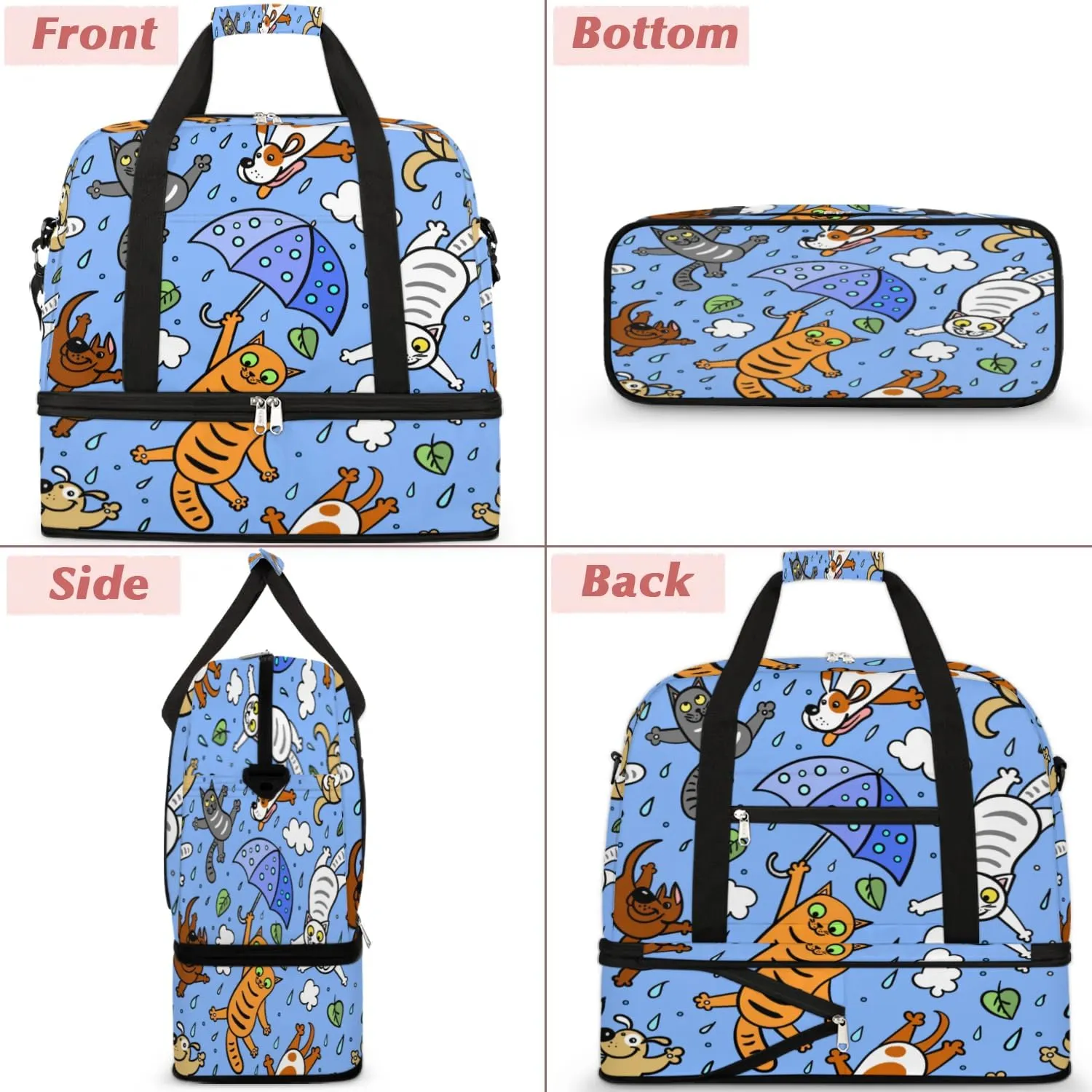 Parachute Cat Sports Gym Bag with Shoes Compartment Foldable Travel Duffel Bag Dry Wet Separated Sports Tote Workout Weekender Overnight Bag for Women Yoga Dance Work Training Handbag