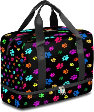 Paw Print Sports Gym Bag with Shoes Compartment,rainbow animal footprint print Travel Duffel Bag for Men Women Boys Girls Teens Overnight Weekend Yoga Workout Bag Training Handbag