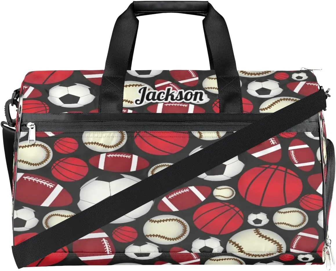 Personalized Gym Bag for Boys Men, Personalized Custom Sports Duffle Bag with Shoes Compartment, Customized Dance Bag Weekender Overnight Bag Travel Duffel Bag, Various Sports Balls Baseball Football