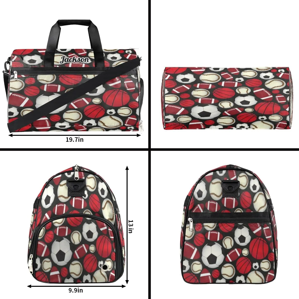 Personalized Gym Bag for Boys Men, Personalized Custom Sports Duffle Bag with Shoes Compartment, Customized Dance Bag Weekender Overnight Bag Travel Duffel Bag, Various Sports Balls Baseball Football