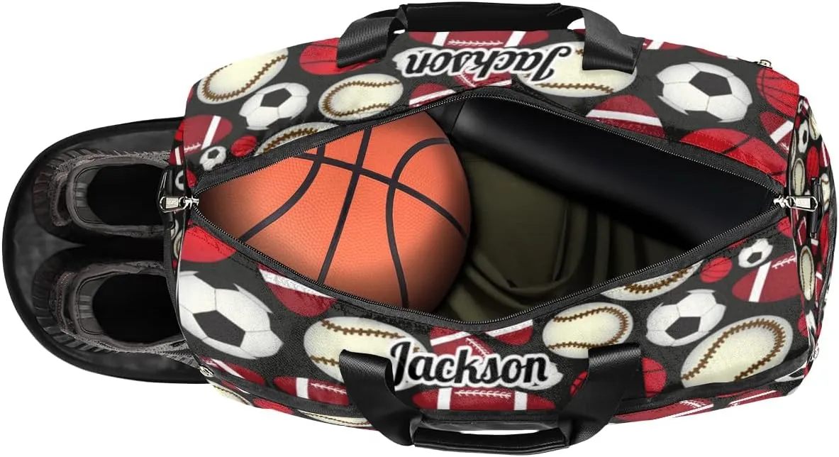 Personalized Gym Bag for Boys Men, Personalized Custom Sports Duffle Bag with Shoes Compartment, Customized Dance Bag Weekender Overnight Bag Travel Duffel Bag, Various Sports Balls Baseball Football