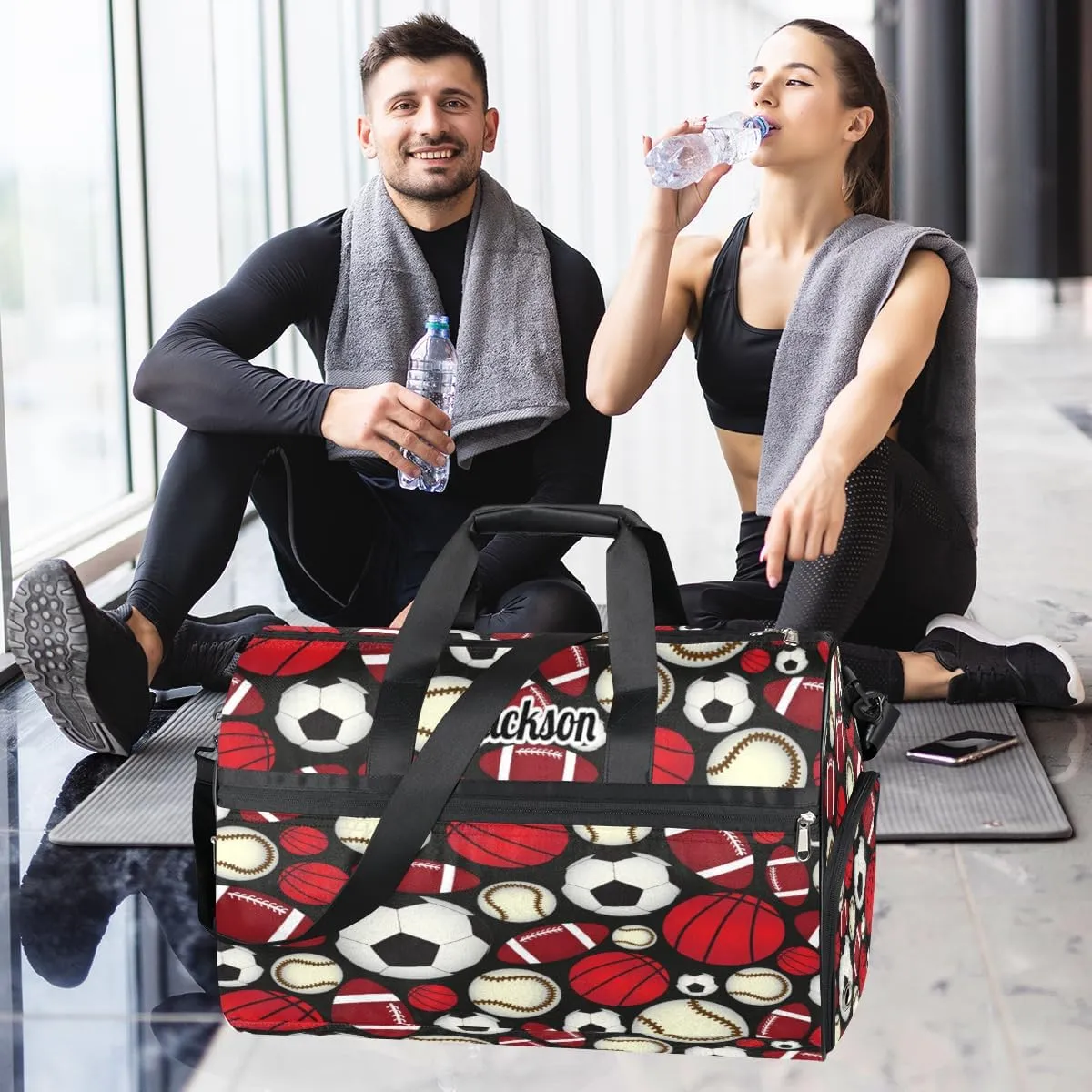 Personalized Gym Bag for Boys Men, Personalized Custom Sports Duffle Bag with Shoes Compartment, Customized Dance Bag Weekender Overnight Bag Travel Duffel Bag, Various Sports Balls Baseball Football