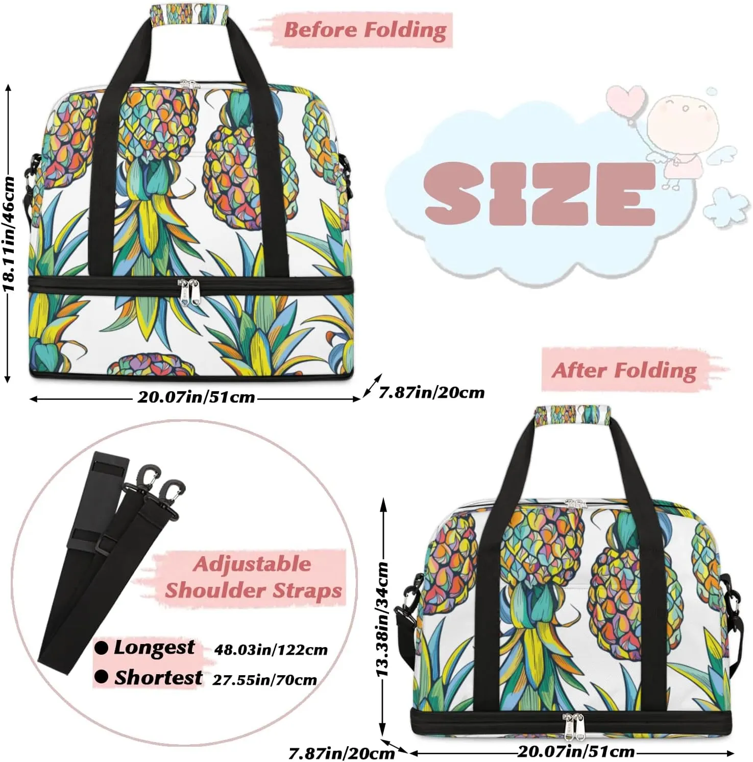 Pineapples Pattern Sports Gym Bag with Shoes Compartment Foldable Travel Duffel Bag Dry Wet Separated Sports Tote Workout Weekender Overnight Bag for Women Yoga Dance Work Training Handbag