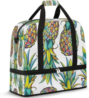 Pineapples Pattern Sports Gym Bag with Shoes Compartment Foldable Travel Duffel Bag Dry Wet Separated Sports Tote Workout Weekender Overnight Bag for Women Yoga Dance Work Training Handbag