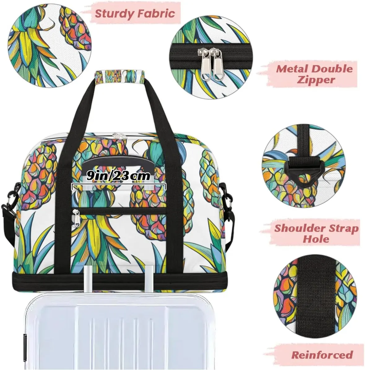 Pineapples Pattern Sports Gym Bag with Shoes Compartment Foldable Travel Duffel Bag Dry Wet Separated Sports Tote Workout Weekender Overnight Bag for Women Yoga Dance Work Training Handbag