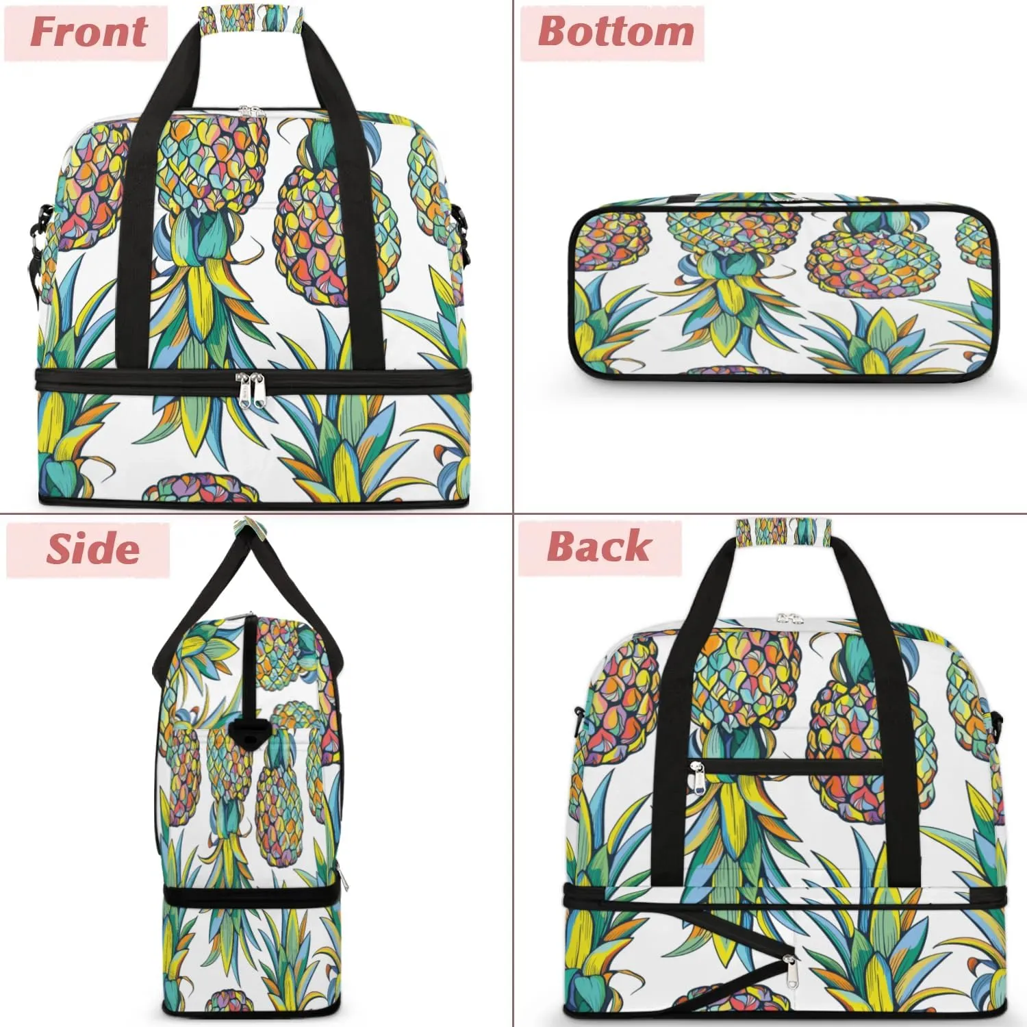 Pineapples Pattern Sports Gym Bag with Shoes Compartment Foldable Travel Duffel Bag Dry Wet Separated Sports Tote Workout Weekender Overnight Bag for Women Yoga Dance Work Training Handbag