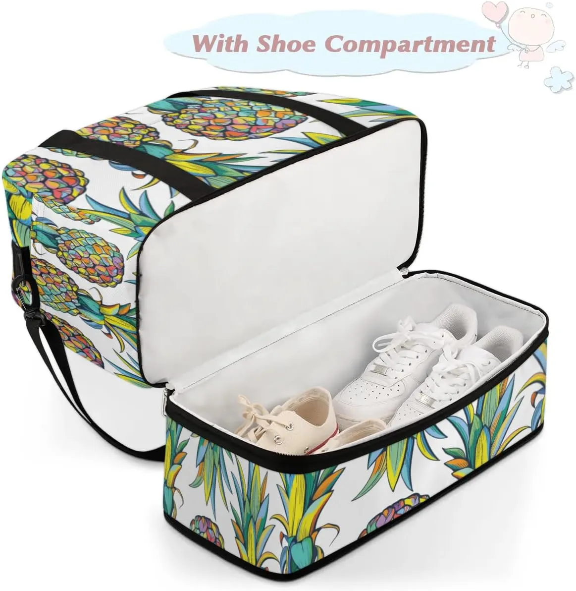 Pineapples Pattern Sports Gym Bag with Shoes Compartment Foldable Travel Duffel Bag Dry Wet Separated Sports Tote Workout Weekender Overnight Bag for Women Yoga Dance Work Training Handbag