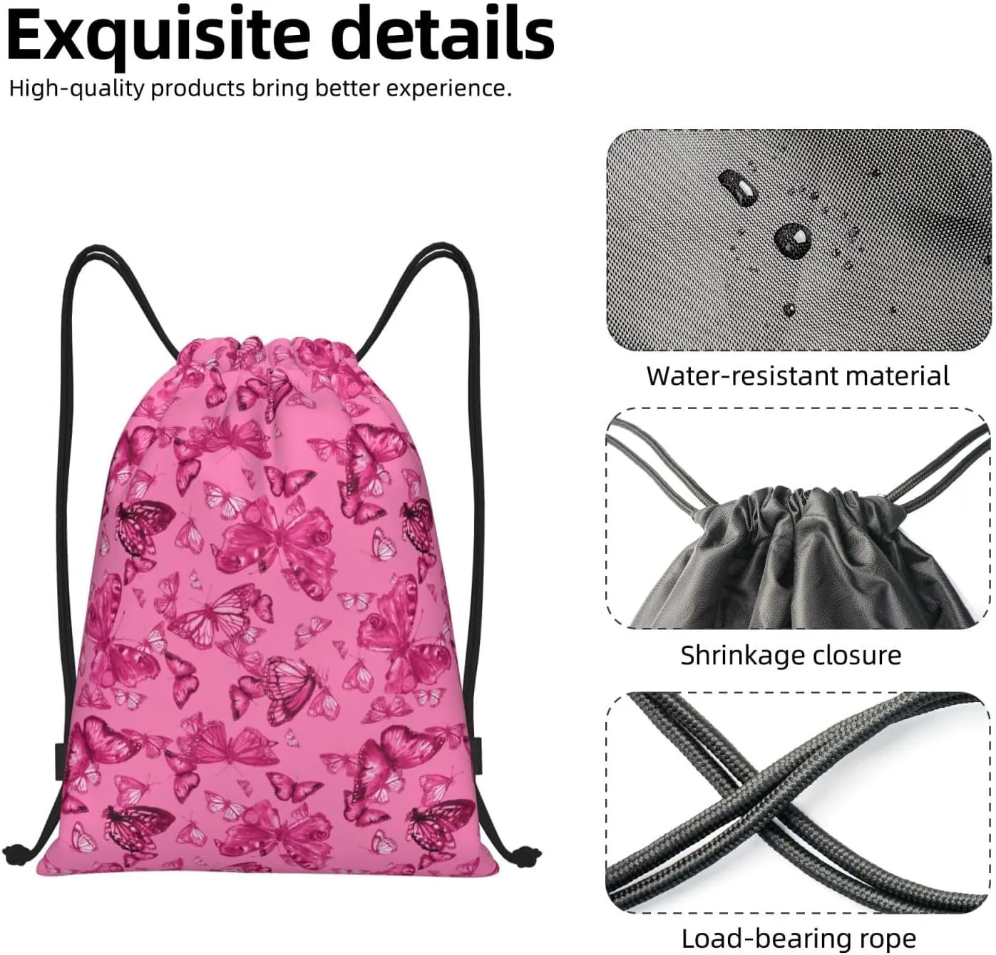 Pink Butterfly Drawstring Backpack, Pink Bags for Girls Mini Gym Dance Beach Swim Travel Bag 16.5x19.6 inches