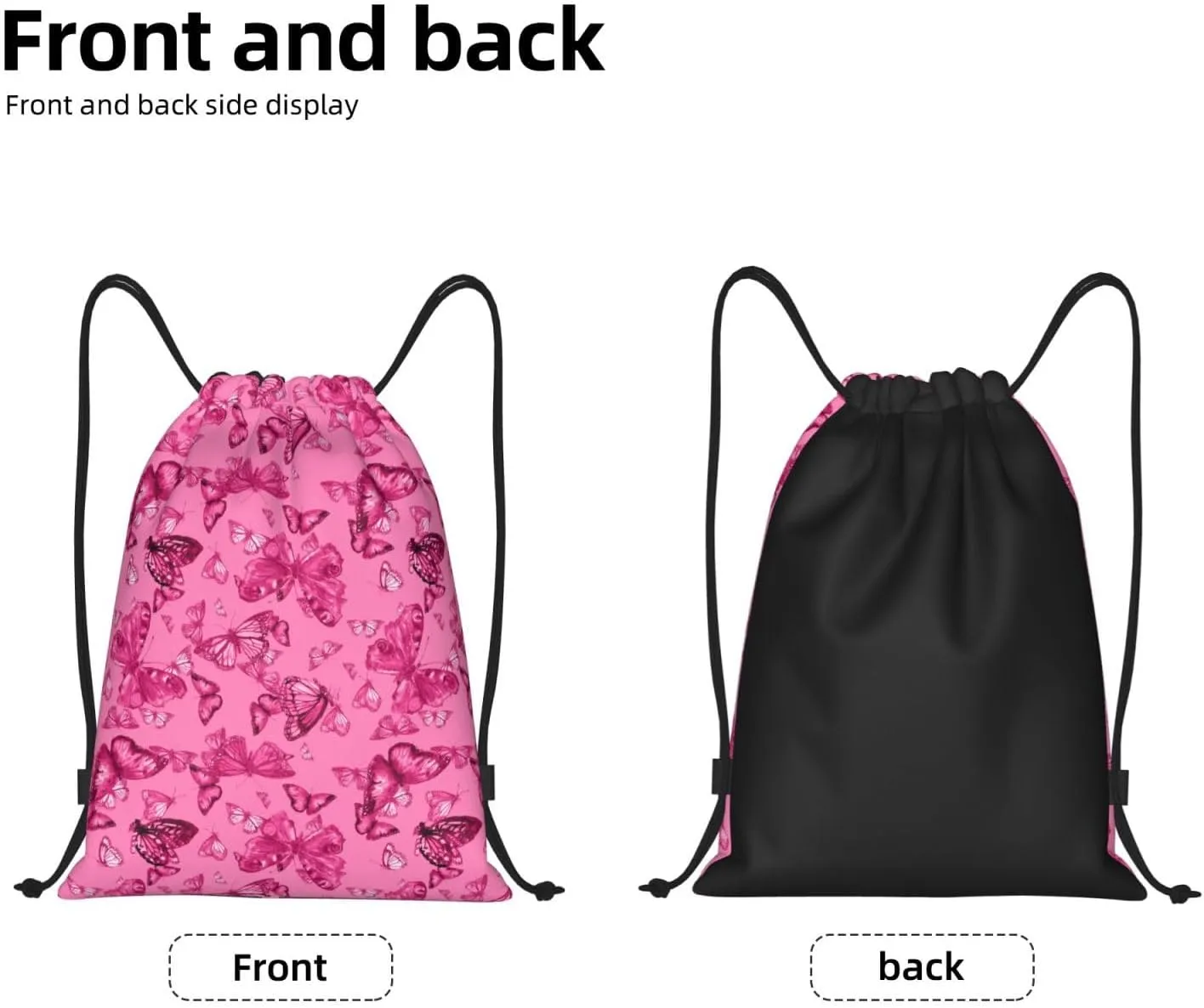 Pink Butterfly Drawstring Backpack, Pink Bags for Girls Mini Gym Dance Beach Swim Travel Bag 16.5x19.6 inches