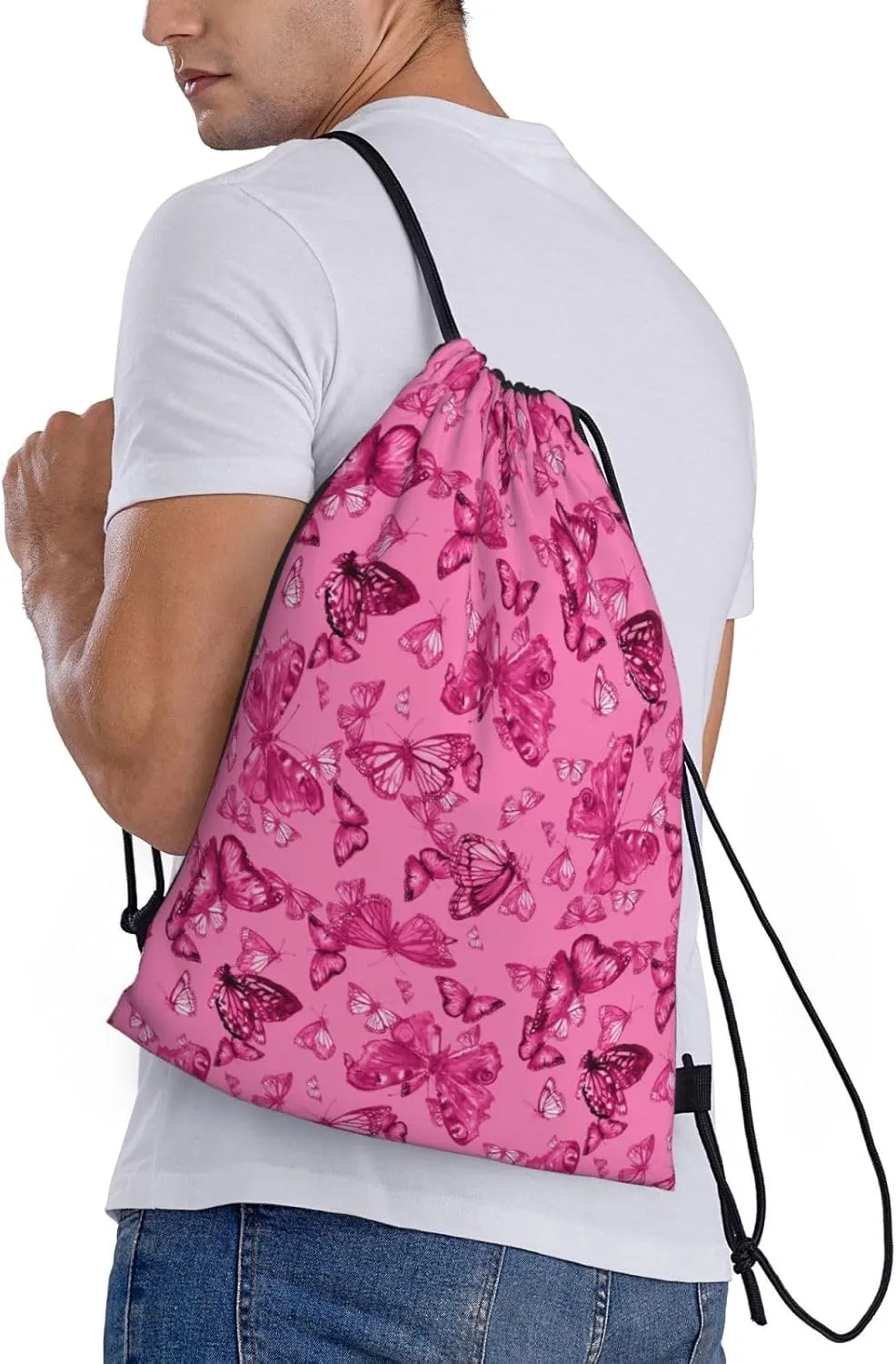 Pink Butterfly Drawstring Backpack, Pink Bags for Girls Mini Gym Dance Beach Swim Travel Bag 16.5x19.6 inches