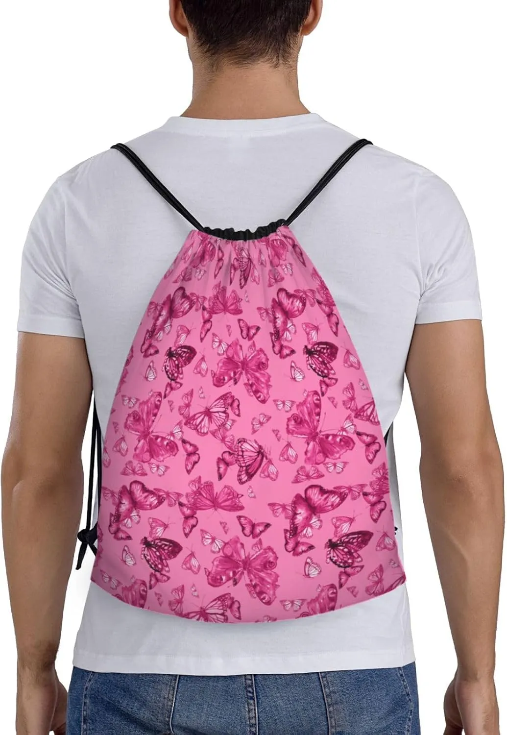 Pink Butterfly Drawstring Backpack, Pink Bags for Girls Mini Gym Dance Beach Swim Travel Bag 16.5x19.6 inches