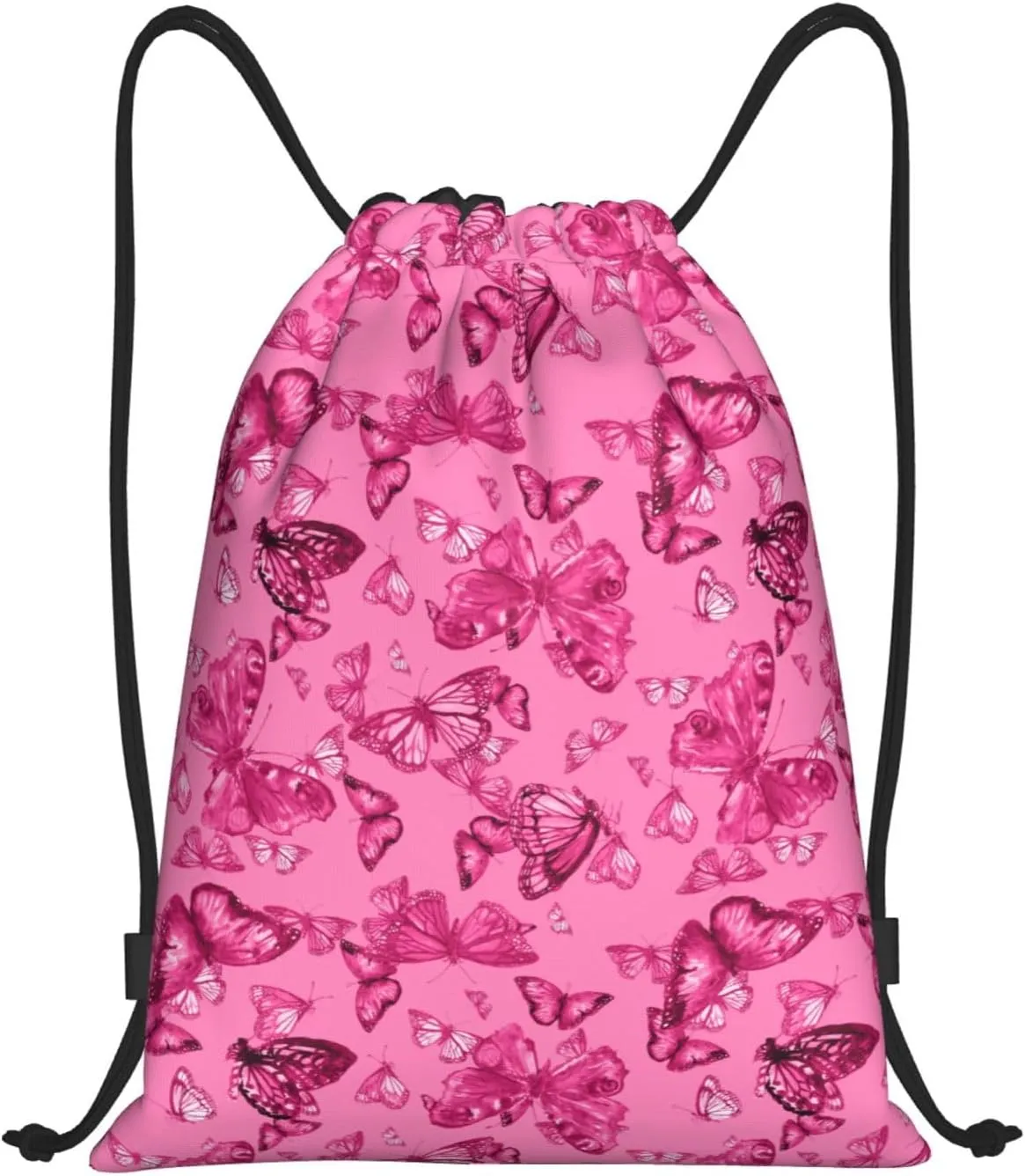 Pink Butterfly Drawstring Backpack, Pink Bags for Girls Mini Gym Dance Beach Swim Travel Bag 16.5x19.6 inches