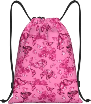 Pink Butterfly Drawstring Backpack, Pink Bags for Girls Mini Gym Dance Beach Swim Travel Bag 16.5x19.6 inches