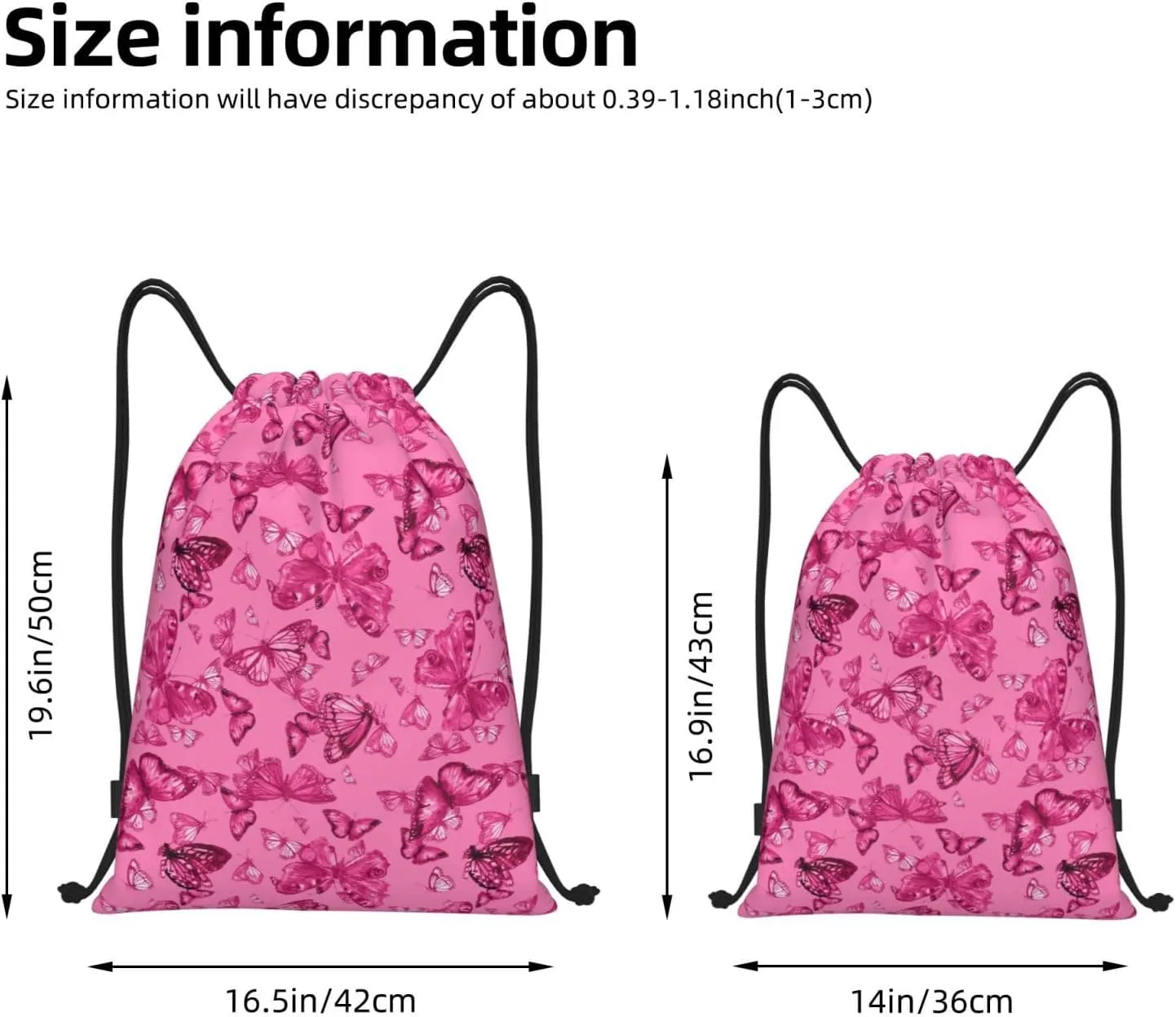 Pink Butterfly Drawstring Backpack, Pink Bags for Girls Mini Gym Dance Beach Swim Travel Bag 16.5x19.6 inches