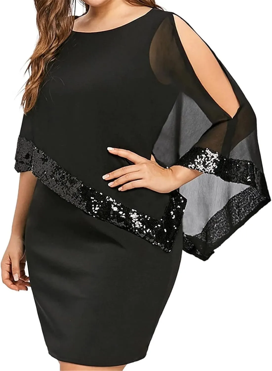 Plus Size Dresses for Curvy Women,2024 Trendy Irregular Chiffon Cape Wedding Guest Dress,Elegant Bodycon Midi Pencil Dress