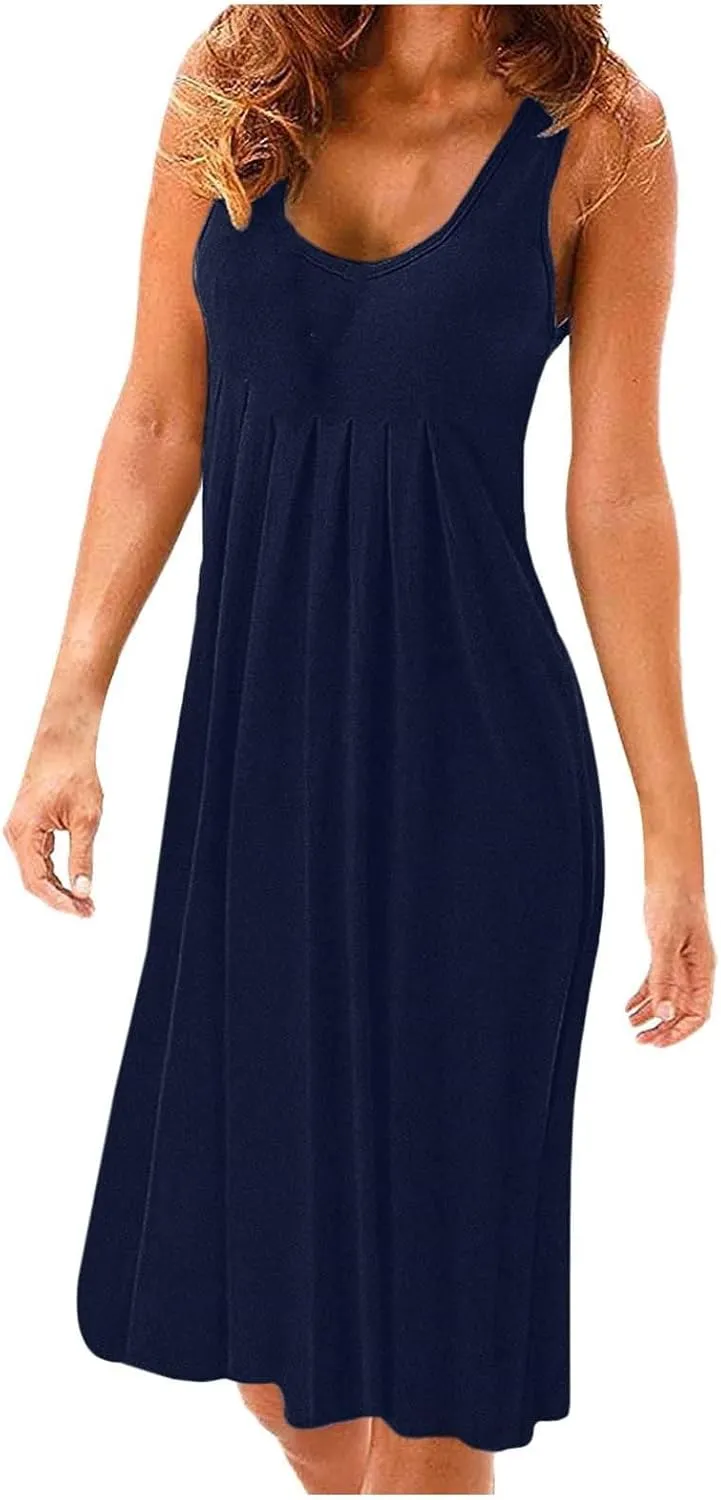PTOLOCIF Women's Flowy Summer Beach Dress Sleeveless Tank Top Pleated A Line Skirt Casual Loose Fitting Dresses for for