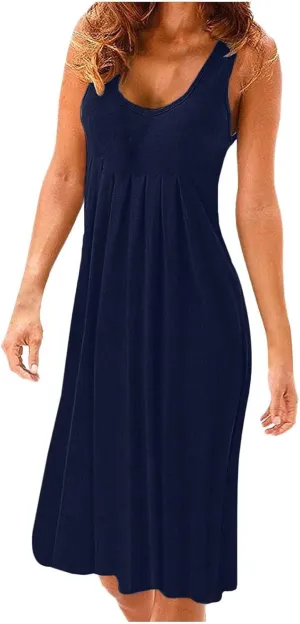 PTOLOCIF Women's Flowy Summer Beach Dress Sleeveless Tank Top Pleated A Line Skirt Casual Loose Fitting Dresses for for