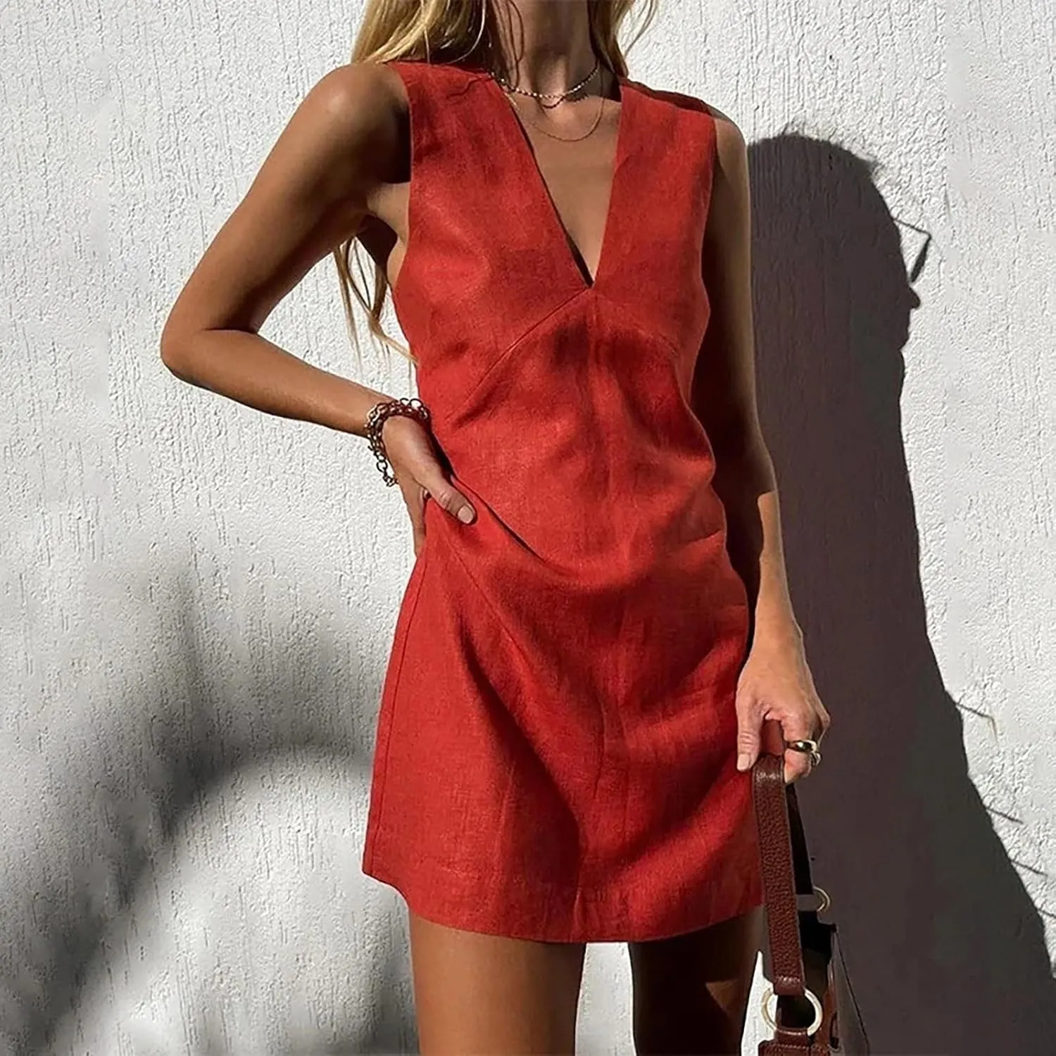 PTOLOCIF Women's V Neck Linen Sleeveless Dress Summer Basic Solid Color Slim Fit Vest Skirt Long Casual Dresses for