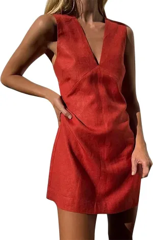 PTOLOCIF Women's V Neck Linen Sleeveless Dress Summer Basic Solid Color Slim Fit Vest Skirt Long Casual Dresses for